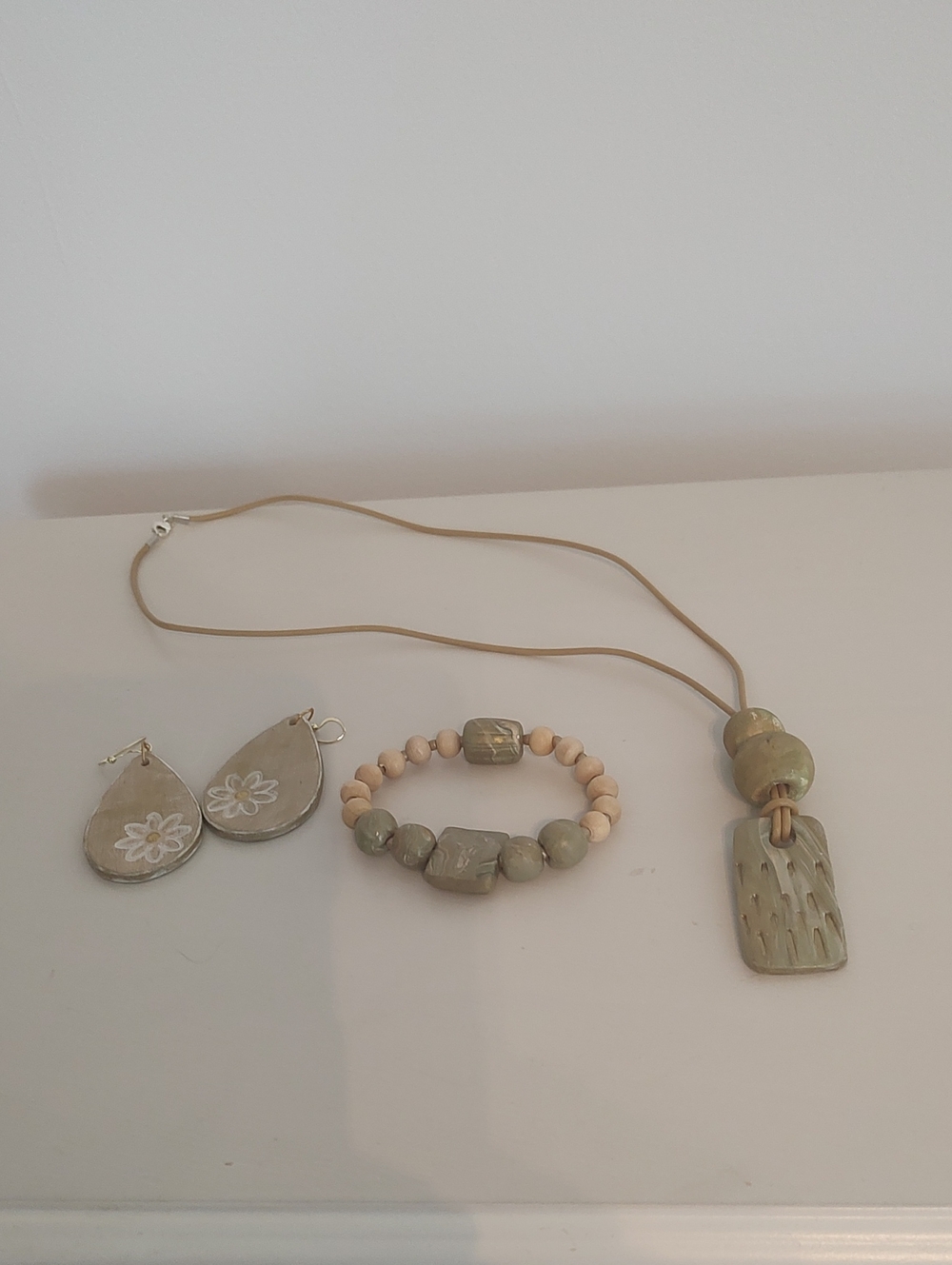 Handcrafted Olive Green & Beige Ceramic Necklace, Bracelet and Earring Set